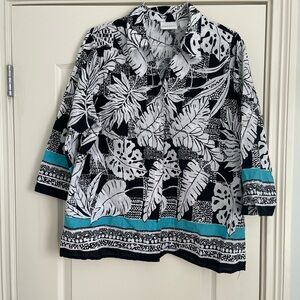 Alfred Dunner Black and White Leaf Print Blouse with Blue Accents